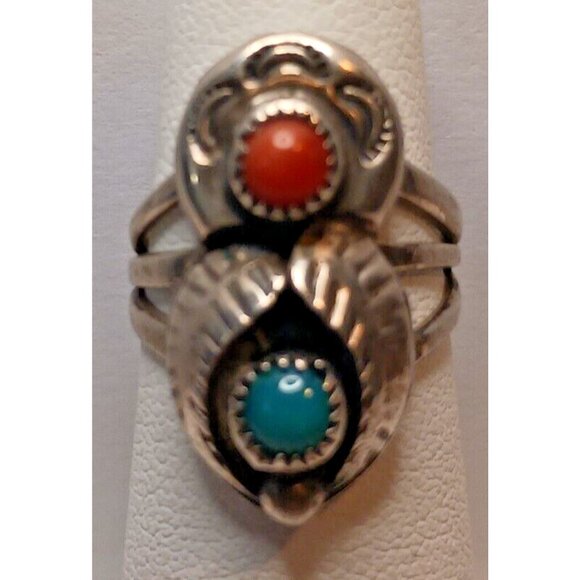 Native American Vintage Navajo Turquoise Coral Ring M Davis s 4 (1445) - Picture 2 of 6